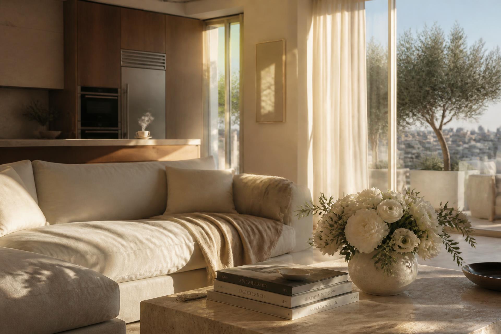 Morning sunlight in a private residence — a linen sofa with a cashmere throw, fresh white flowers on a travertine table, an open Miele kitchen and Sub-Zero refrigerator beyond, a terrace with olive trees