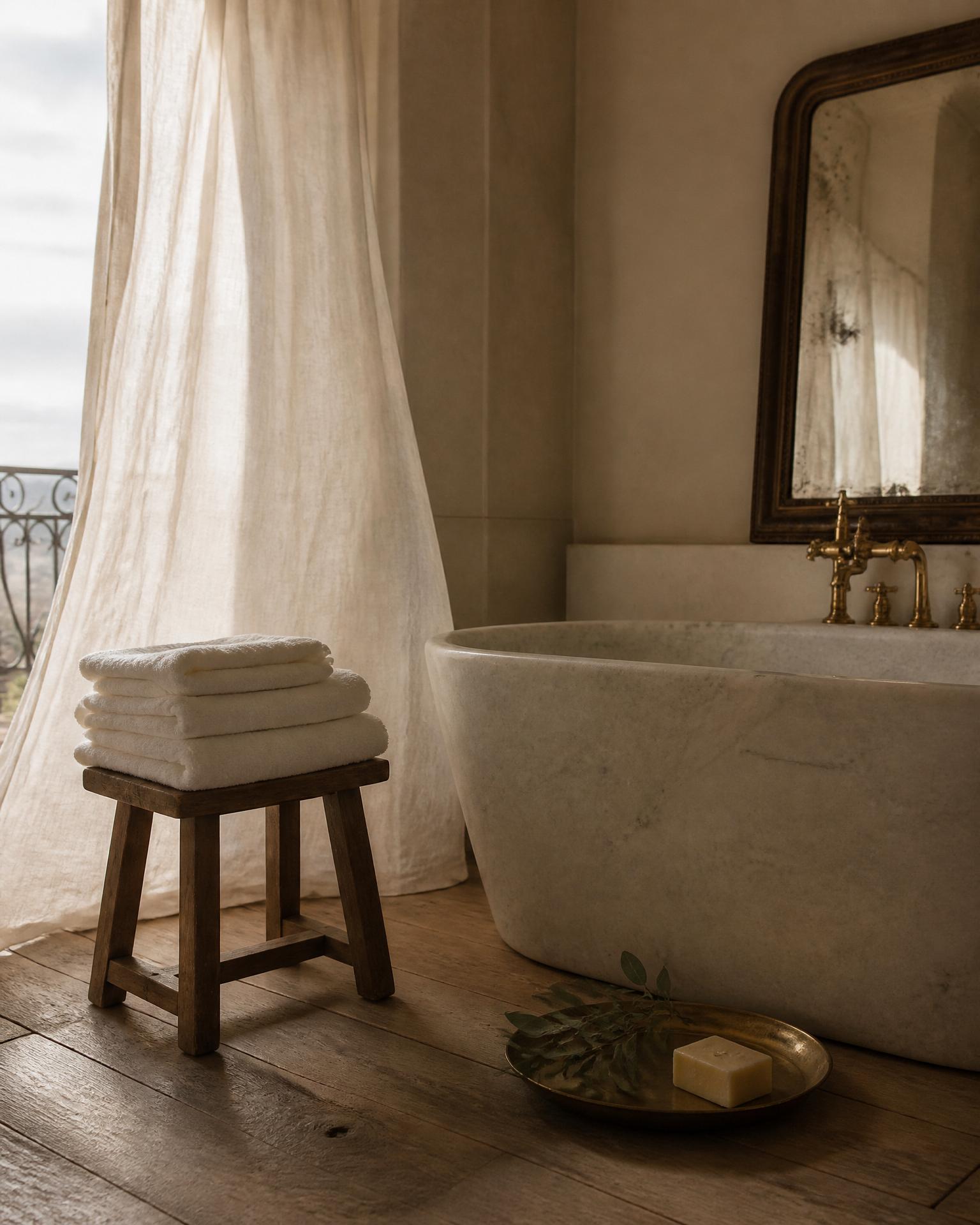 A private bath — a stone tub, folded linen towels on an oak stool, a brass tray with soap and eucalyptus, linen curtains moving in the breeze