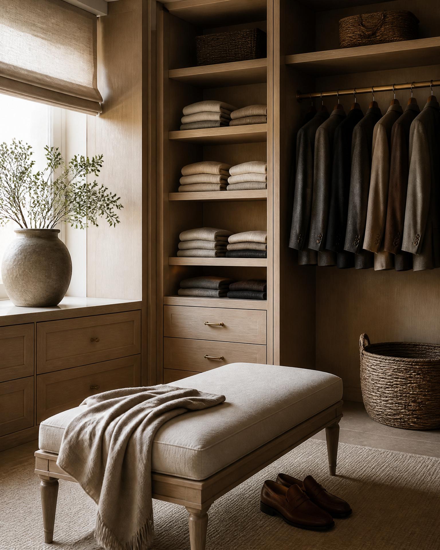 A walk-in wardrobe of pale oak — cashmere folded on open shelves, tailored jackets, a linen bench with a soft throw